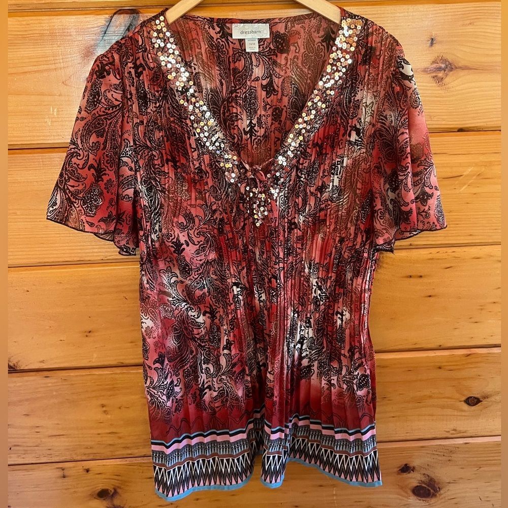Dressbarn Plus V Neck Sequins 14/16 SS Blouse Rust Floral Geometric Band